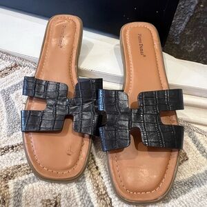 H Design Flat Sandal, Pierre Dumas, Black, Size 8 1/2